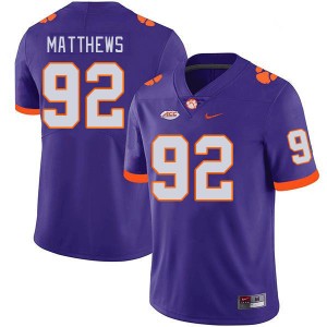 Men Levi Matthews Purple Clemson University College Football #92 Jersey 243420-554
