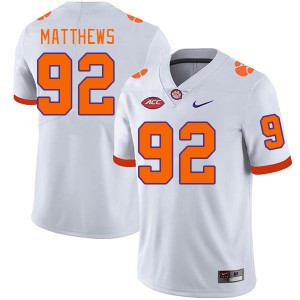 Men Levi Matthews White Clemson University College Football #92 Jersey 917472-536