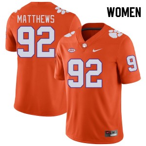 Women Levi Matthews Orange Clemson National Championship College Football #92 Jersey 714999-601