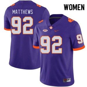 Women Levi Matthews Purple Clemson College Football #92 Jersey 117121-431