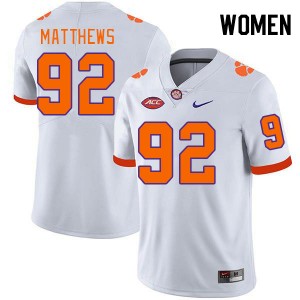 Women Levi Matthews White Clemson University College Football #92 Jersey 466050-442