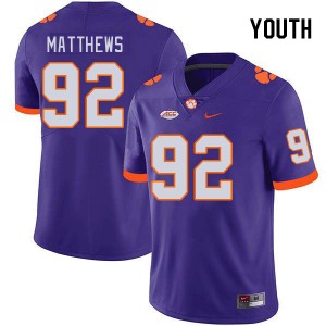 Youth Levi Matthews Purple Clemson University College Football #92 Jersey 588224-938